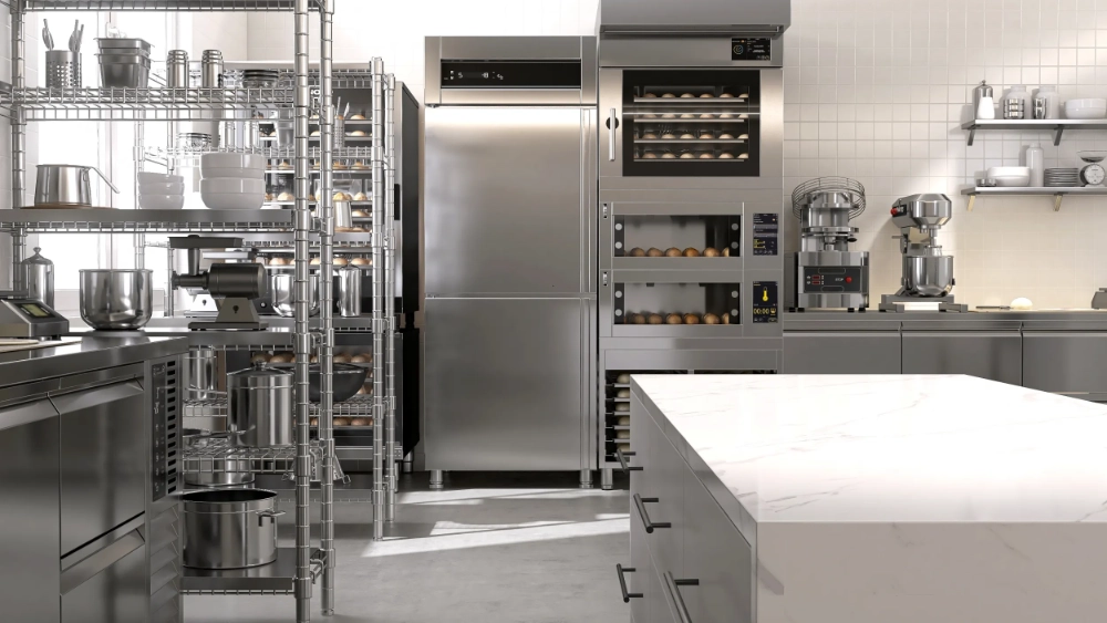 A sparkling clean commercial kitchen