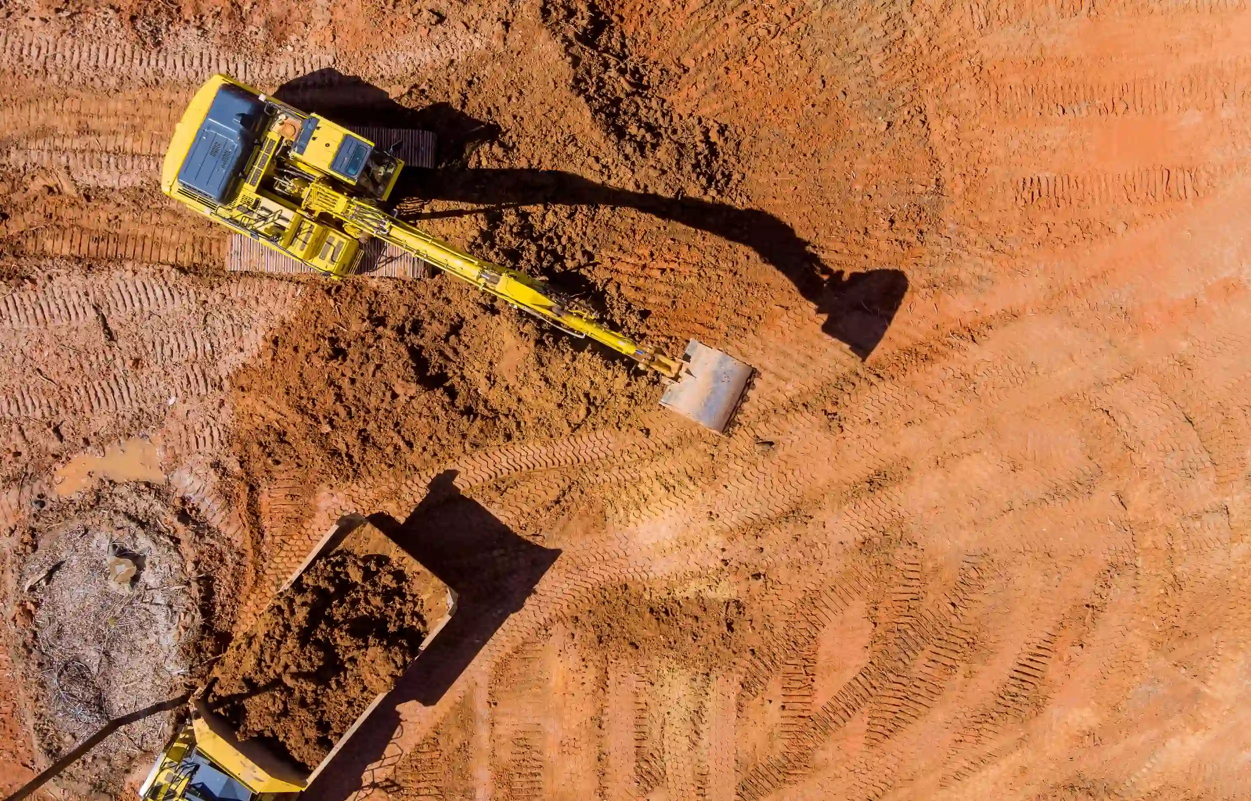 Aerial view of an excavator on a construction site