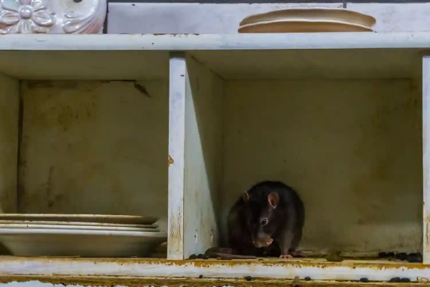 Rodent in dirty kitchen