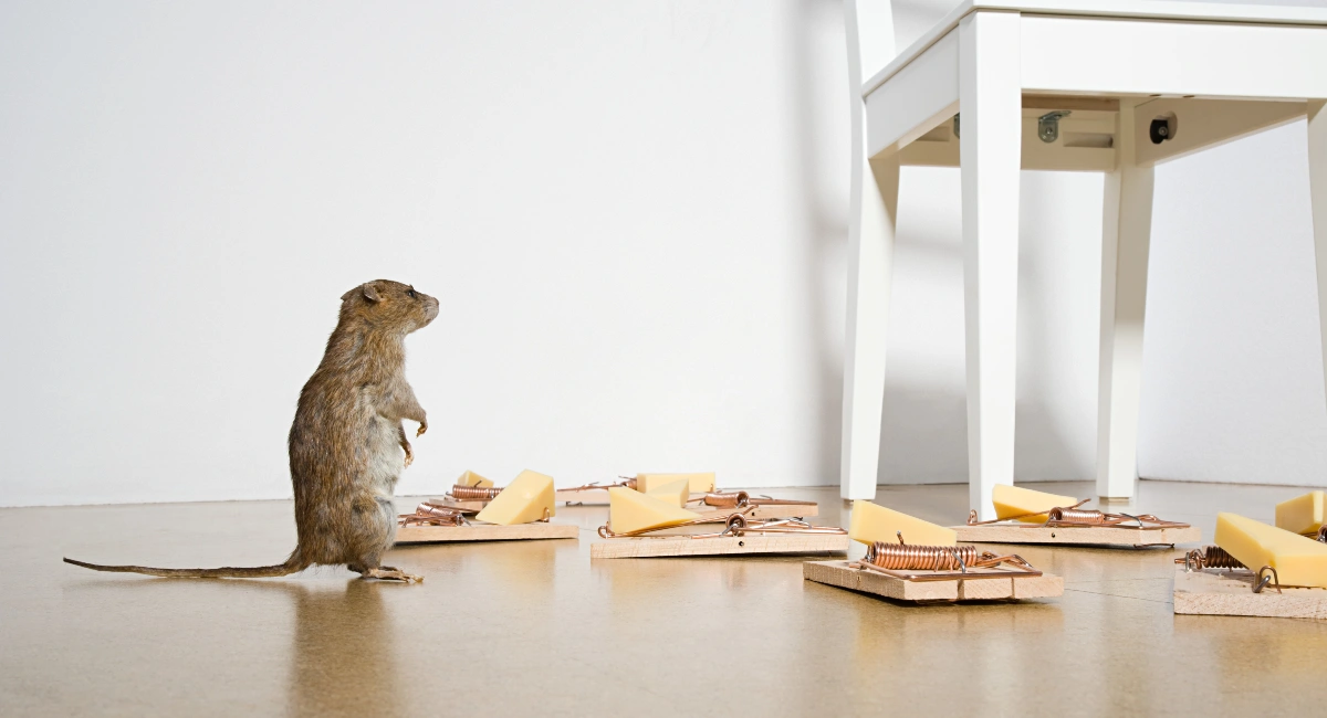 rat standing in front of mousetraps with cheese