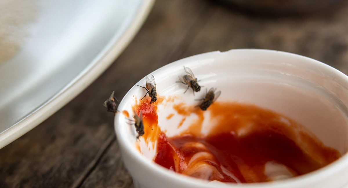 five flies eating ketchup out on ramekin 