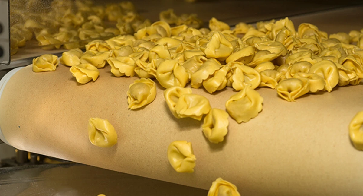 Tortellini in a food processing factory