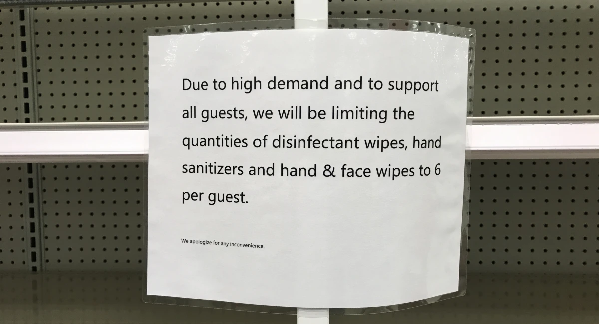 Supermarket limiting sales per person on disinfectant due to demand during covid