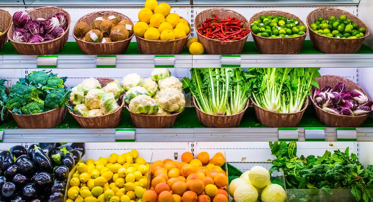 fruits and vegetables in supermarket 